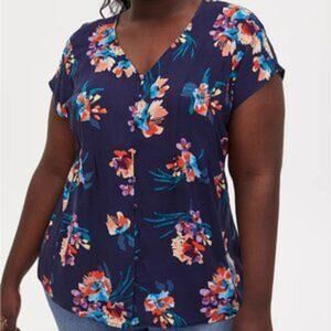 Torrid Fit & Flare Challis Button Front Top In Floral Blue Plus Size Woman's 1XL